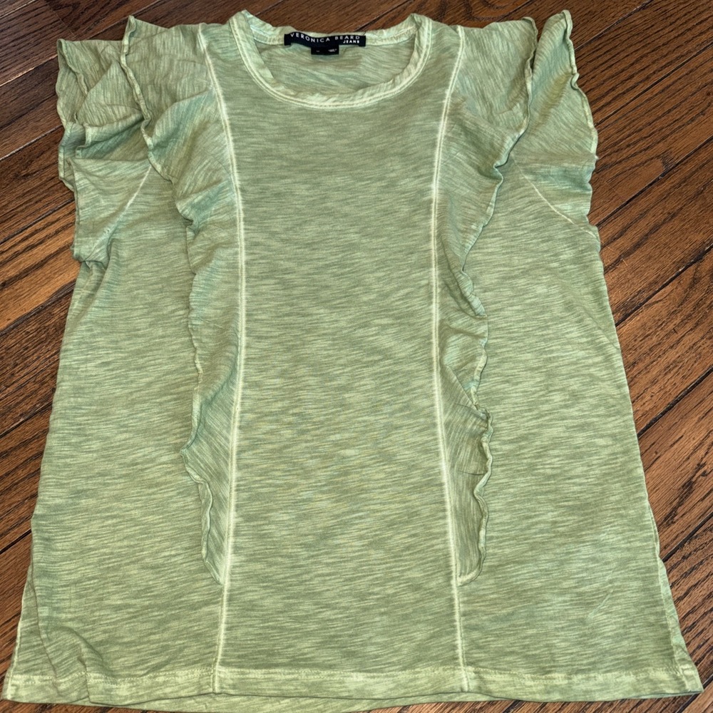 Veronica Beard Bea Green Ruffle Crewneck Tee Top Medium Spring Casual